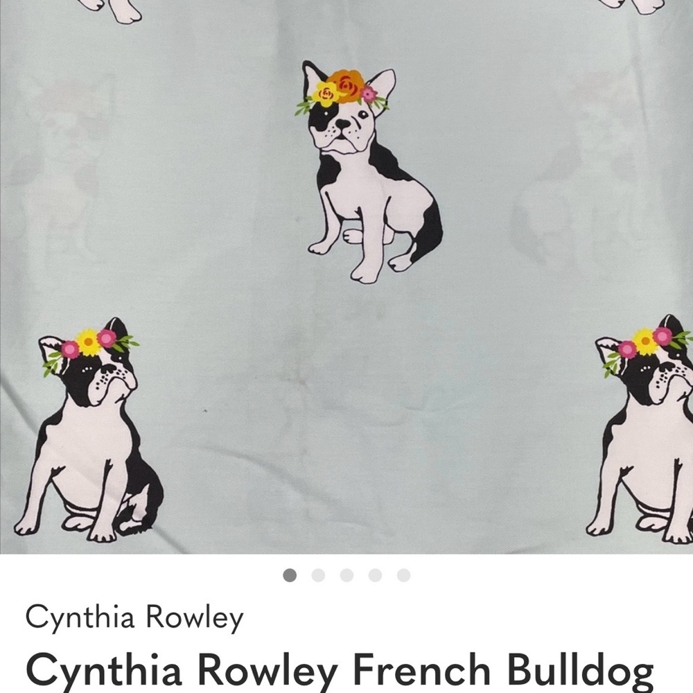 Cynthia Rowley Light Blue Shower Curtain with Floral French Bulldog Motif